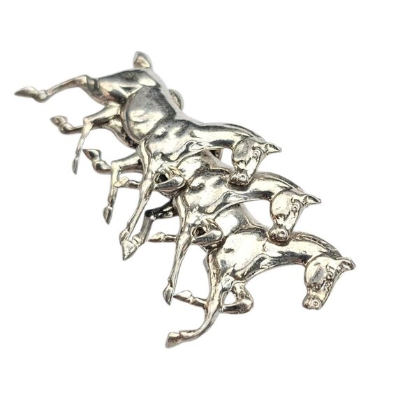 Sterling Silver Horses Brooch, Trio Stallions Pin - Picture 4 of 8